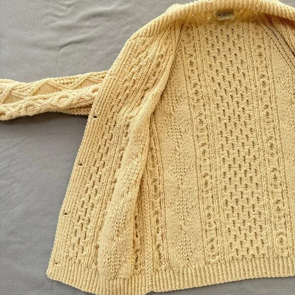 Vintage Irish Wool Sweater Hand Knit Cardigan Collar Ivory Chunky Fisherman READ - Picture 10 of 16